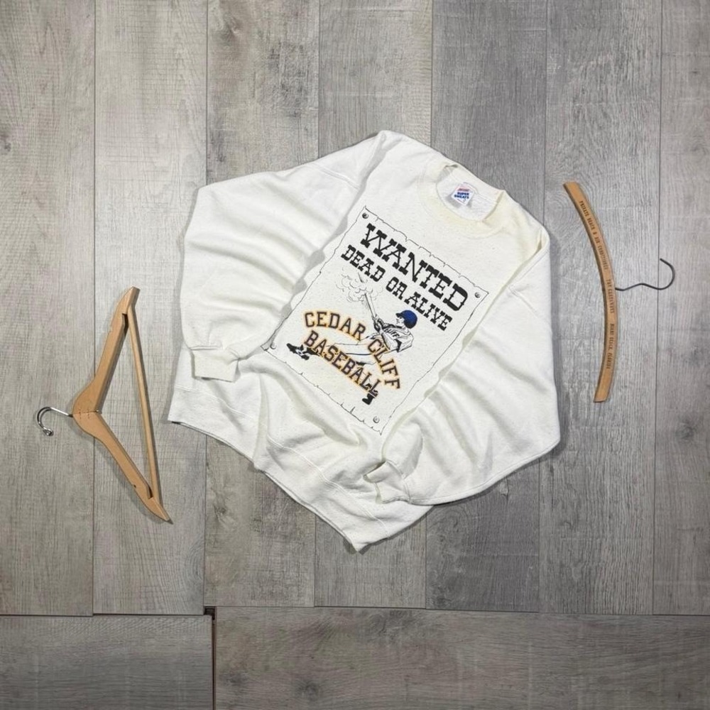90s distressed cedar cliffs baseball most wanted white crewneck sweatshirt